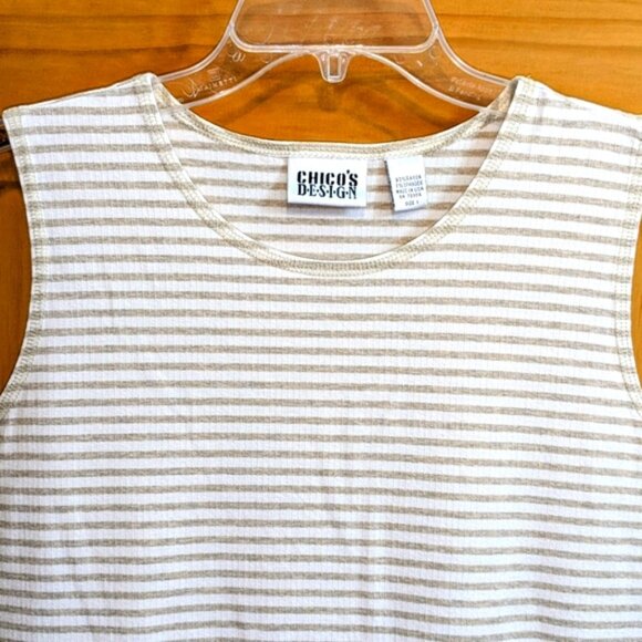 Chico’s Designs Women's Sz 3 Med Tank Top Beige Cream Stripes Sleeveless Stretch - Picture 2 of 9